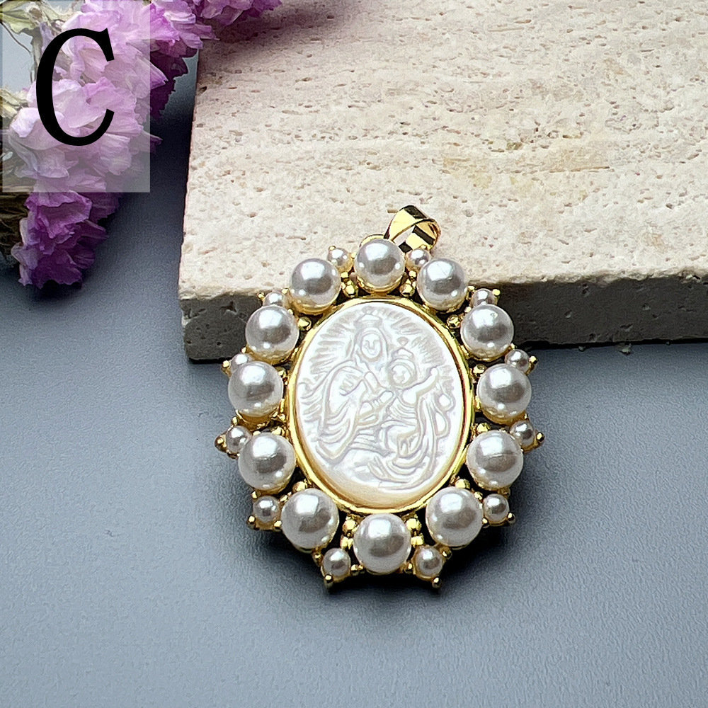 Natural Freshwater Pearl Virgin Mary Charms Necklace Natural Mother Pearl Shell Religious Medals San Benito Necklace for Gift 240812