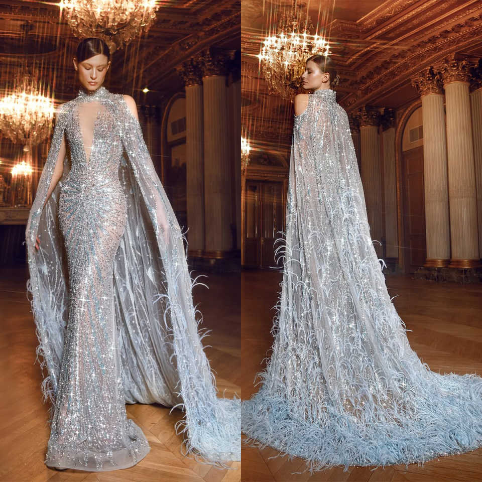 Pretty Evening Dresses Sequins Feather Gown High Neck Sleeveless Wrap Sweep Train Dress Party Customized Dress