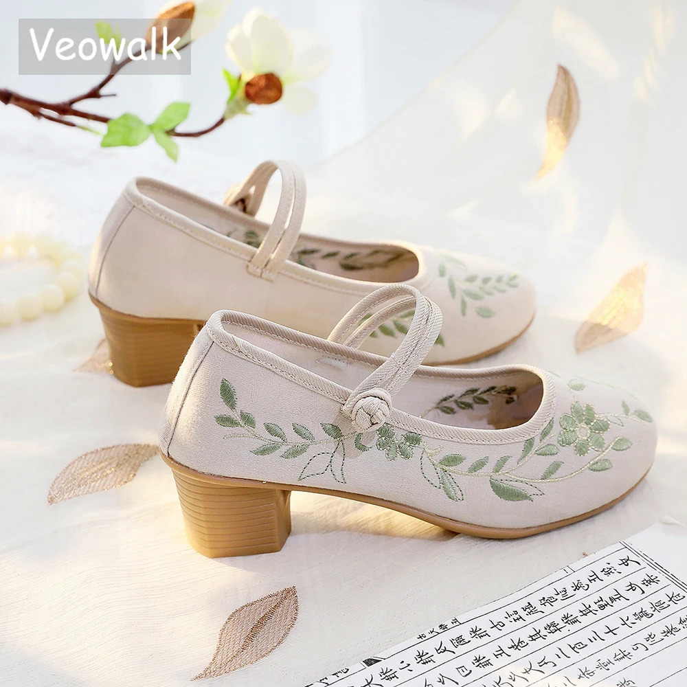 Veowalk 4cm Block Heels Women Cotton Embroidered Mary Jane Shoes Elegant Soft Comfortable Retro Costume Pumps White Beige 250624