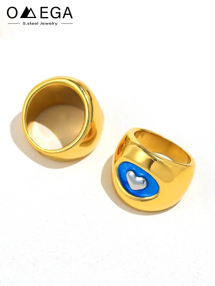 Stainless Steel Carved Heart Rings With Blue Color Enamel For Women 18k Gold Plated Waterproof Non Tarnish Womens Chunky Ring 250624