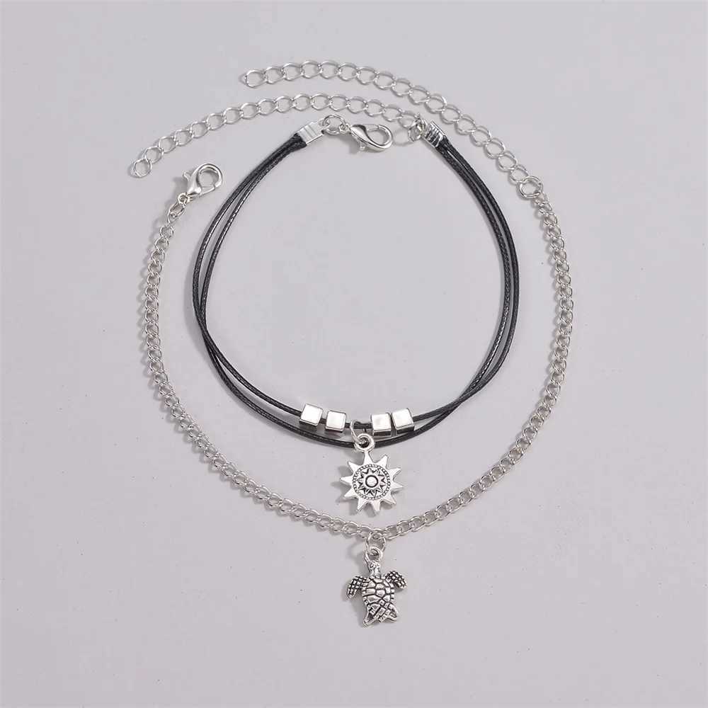 Bohemian Double Layers Sun Turtle Anklets For Women Antique Silver Color Chain Ankle Bracelet Beach Jewelry Summer Accessories U250624