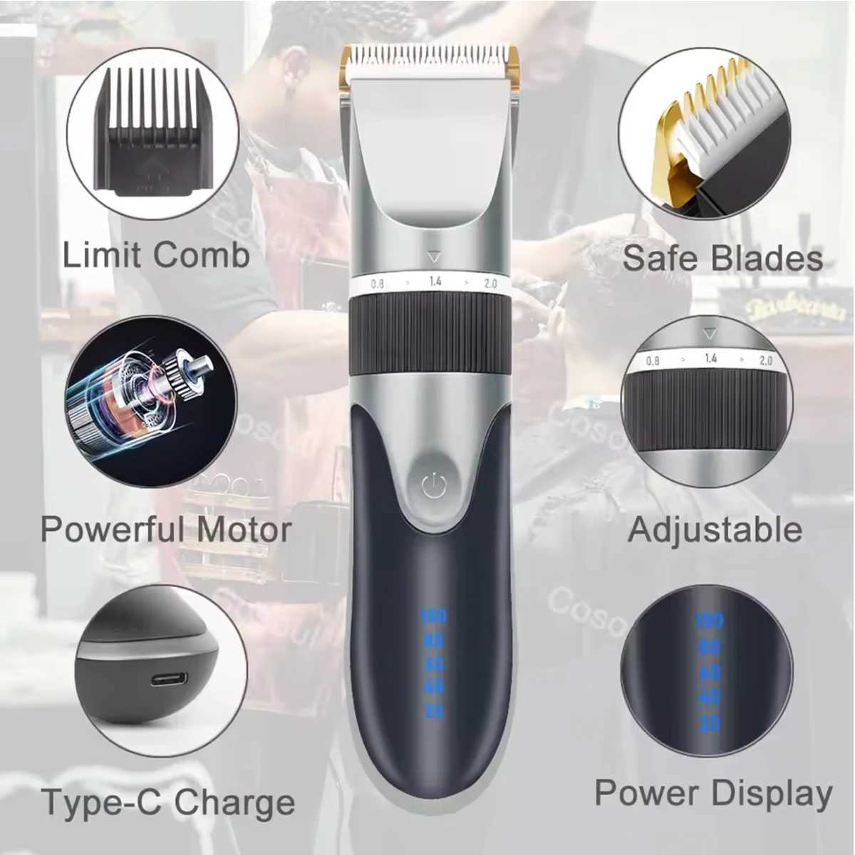 Hair Trimmer Clipper For Men Electric With Limit Comb Haircut Ceramic Blade Razor Barber 1200 mAh Lithium BatteryXJ250624
