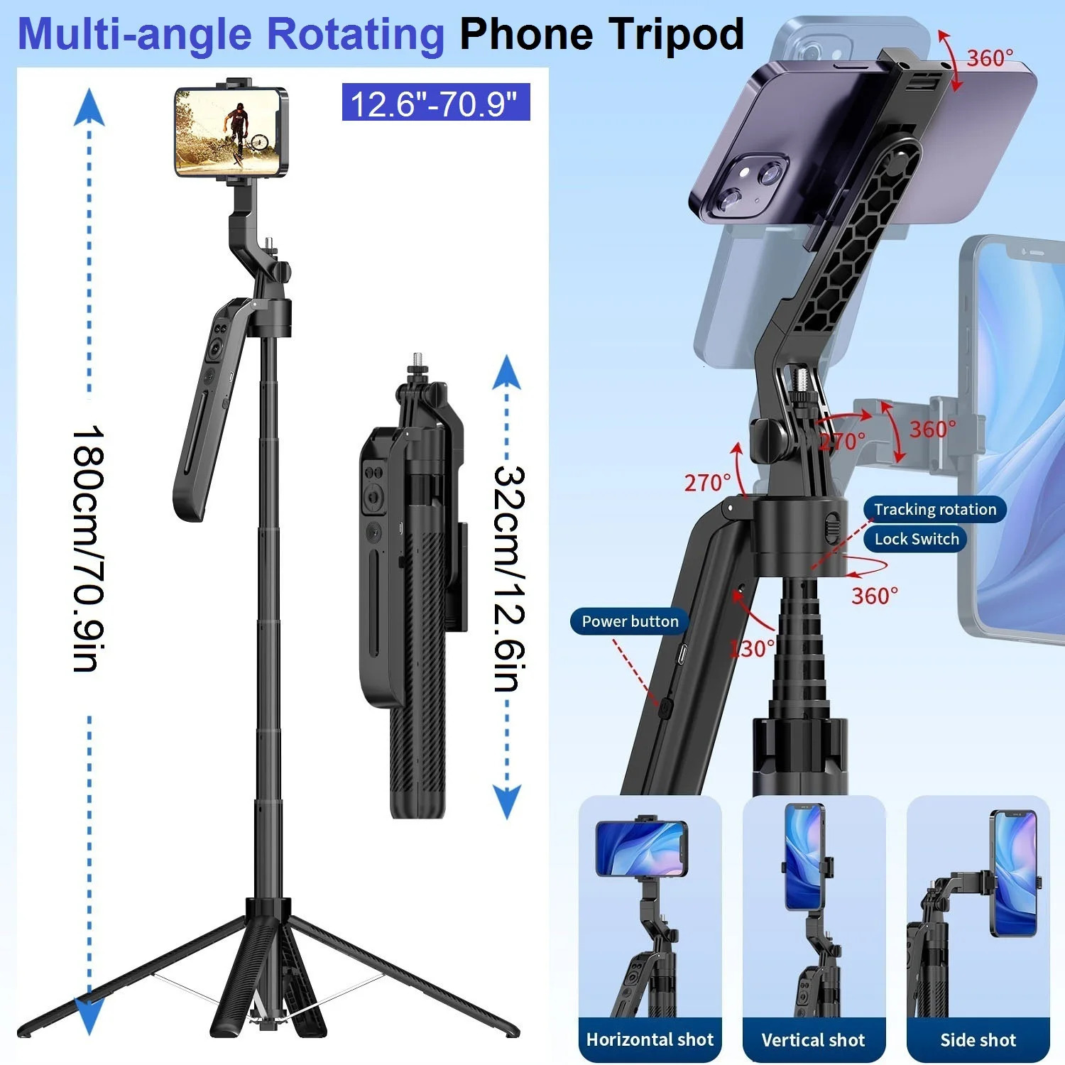 Auto Face Tracking Tripod 360° Rotation 71 Extendable Phone Selfie Stick Smart Holder for Vid 250612