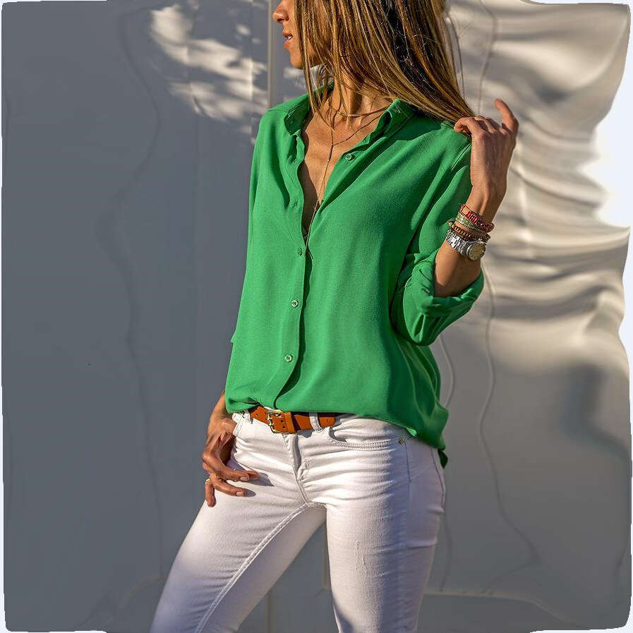 Autumn Winter Women's New Long Sleeve Deep V Button Chiffon Blouse B5