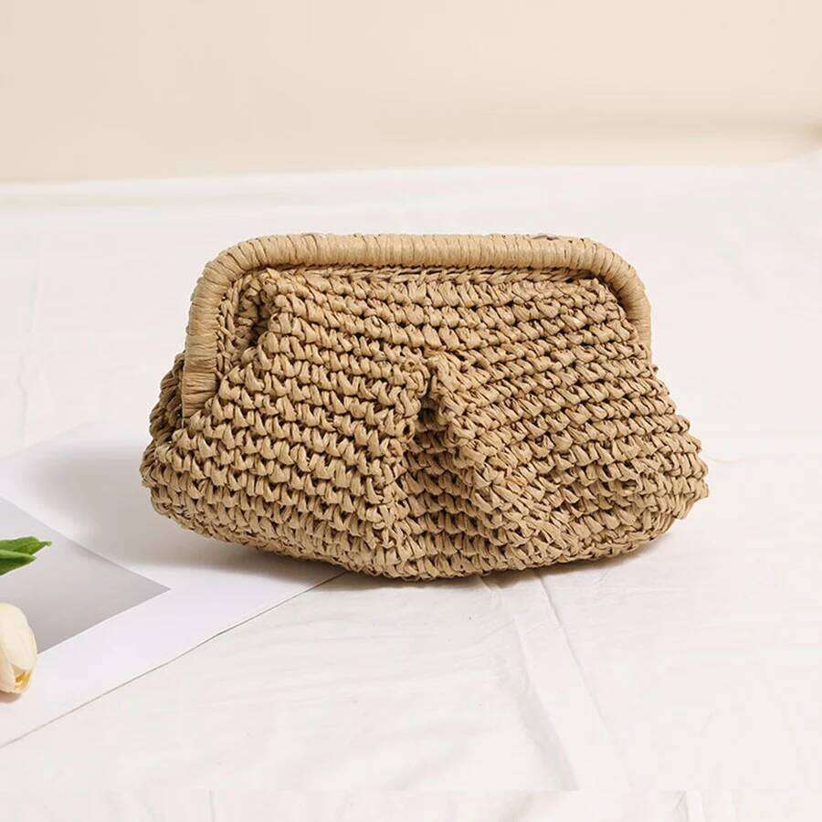 Straw Braided New Pleated Solid Color Straw Knit Clip Holiday Beach Chains Shoulder Crossbody Bag Female Purse Handbags