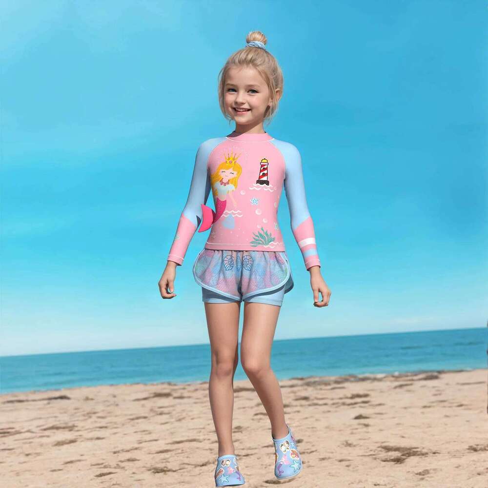 Girls Rash Guard Swimsuit Two Pieces Long Sleeve Mermaid Bathing Suit Pants Skirt Children's Beach Sport Swimwear