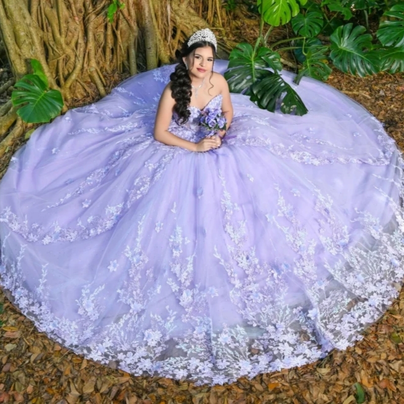2025 Glitter Lavender Quinceanera Dresses Ball Gown Floral Applique Beading Sweet 16 Dress Vestidos De 15 Anos