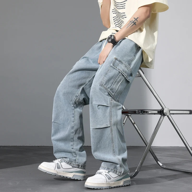 Large Pocket Baggy Jeans Mens 2025 Spring Classic Straight Denim Trousers Street Y2K Elastic Waist Casual Cargo Pants 250624