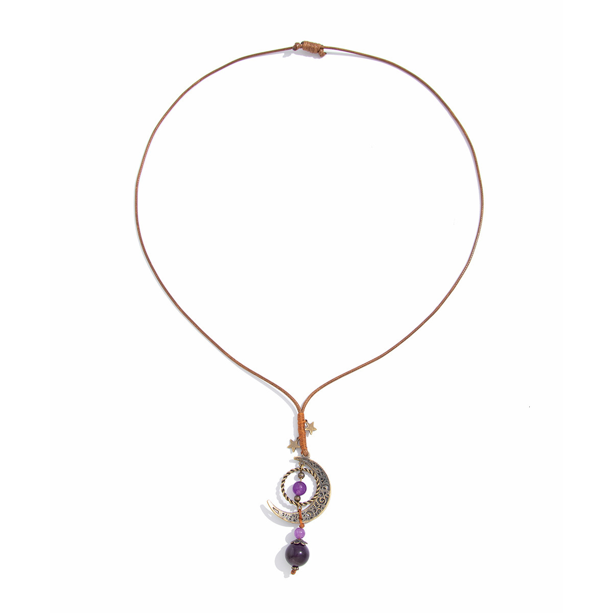 Unique Round Bead Geometric Ethnic Style Hollow Moon Pendant Pull Cord Long Necklace