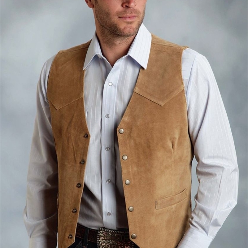 Brown Vest Mens Formal Business Suit Suede Waistcoat Groomsmen For Wedding Cowboy 250614CJ