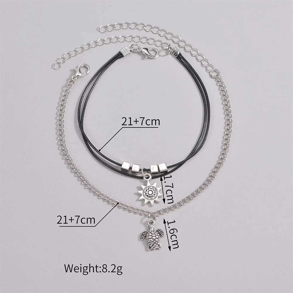 Bohemian Double Layers Sun Turtle Anklets For Women Antique Silver Color Chain Ankle Bracelet Beach Jewelry Summer Accessories U250624