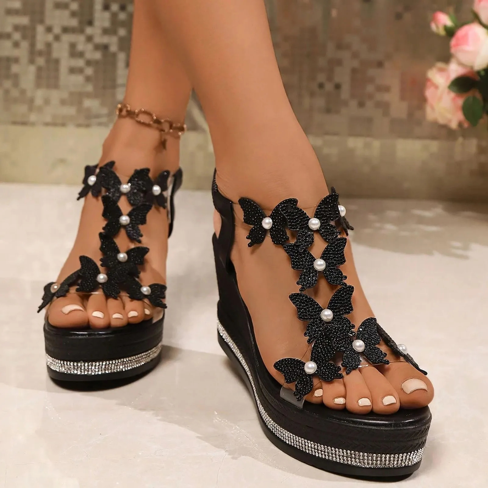 WomenS High Heel Wedge Sandals Platform Fashionable Butterfly Decoration Rhinestones Among Toe For Women Flat 250624