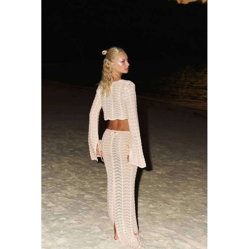 2025 New Knitting 2Pc Bikini Long Sleeve Backless Crop Tops and Skirt Set Women Bodycon Skirts Sexy Beach Casual Dress