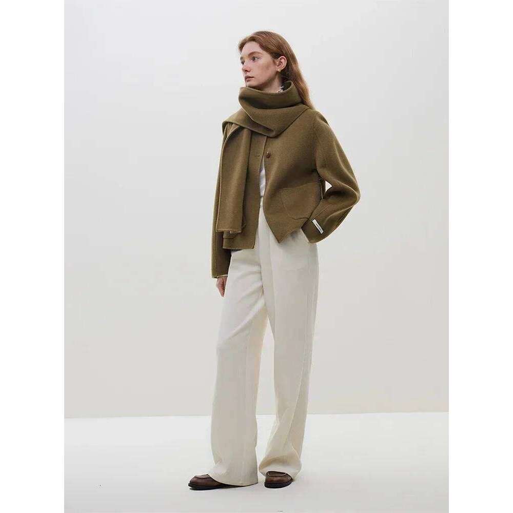 FSLE 100% Camel Color Scarf Collar Coat For Women 89.3% Wool 10.7% Lyocell Beige Round Neck Short Female Woolen Coats