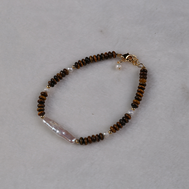 Natural Freshwater Pearls Handcrafted Bracelet Featuring Stone Accents - Brown Tones