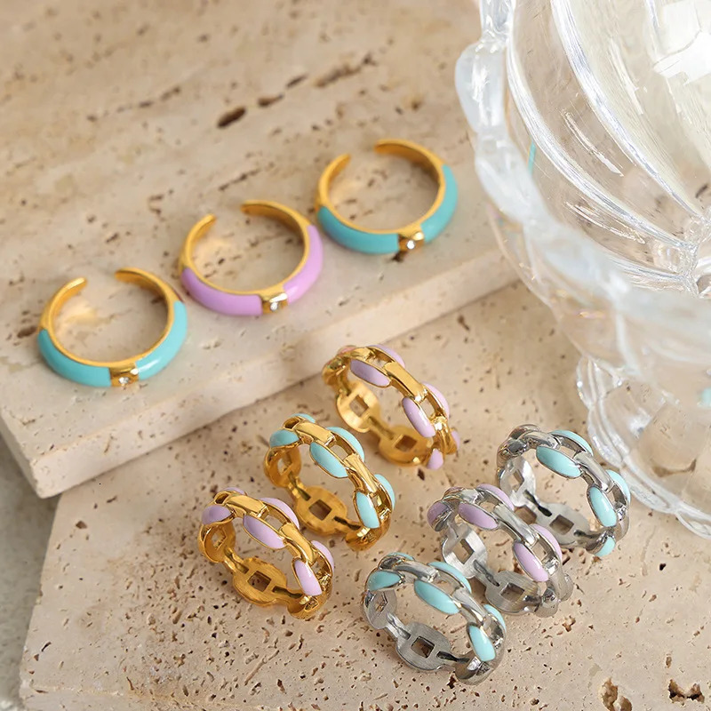 Unique Colorful Enamel Rings For Women In Stainless Steel With 18k Gold Plated Womens Open Ring Aesthetic Woman Jewelry 250624
