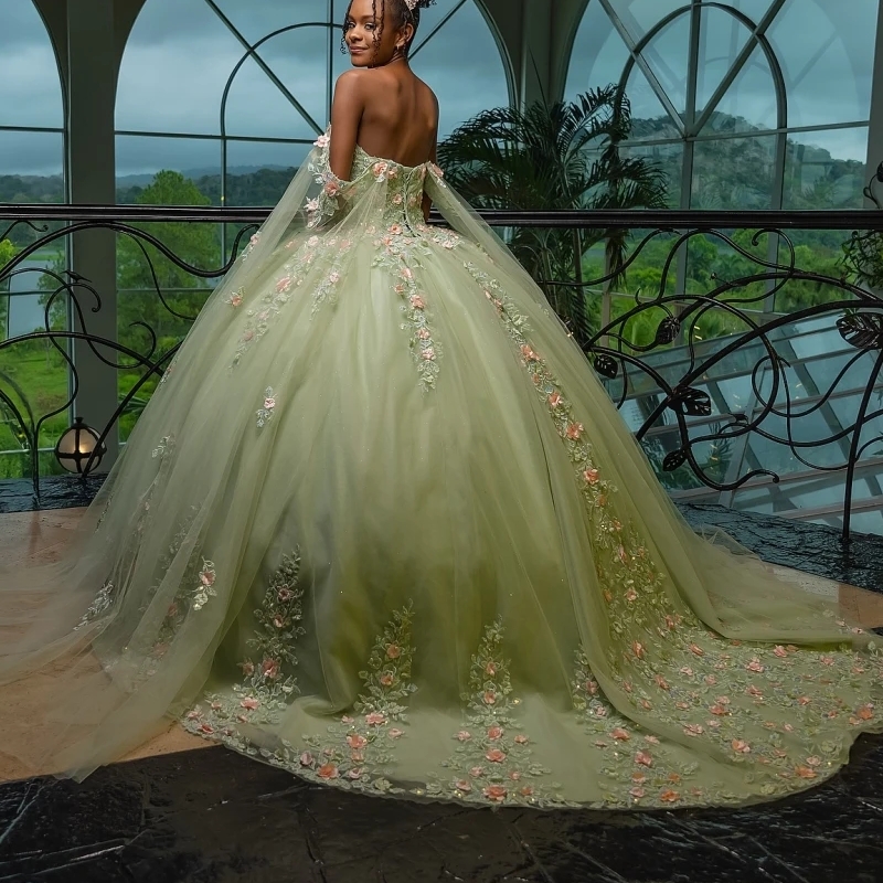Green Shiny Quinceanera Dresses Ball Gown 3D Floral Applique Beading Cape Sweet 16 Dress Vestidos De 15 Anos