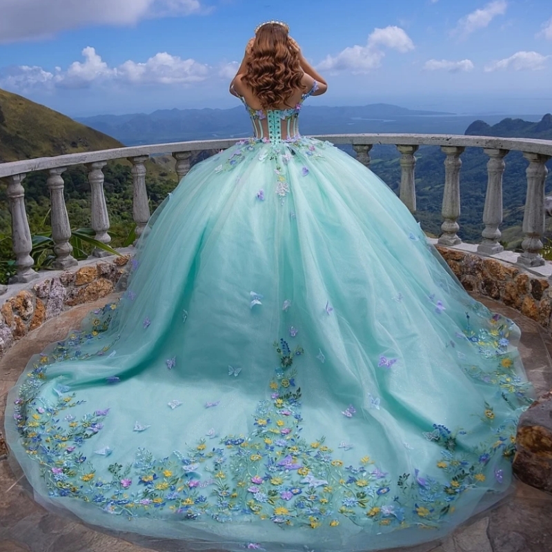 Light Green Shiny Quinceanera Dresses Ball Gown Colorful Floral Applique Bow Beading Crystal Tull Sweet 16 Dress Vestidos De 15 Anos