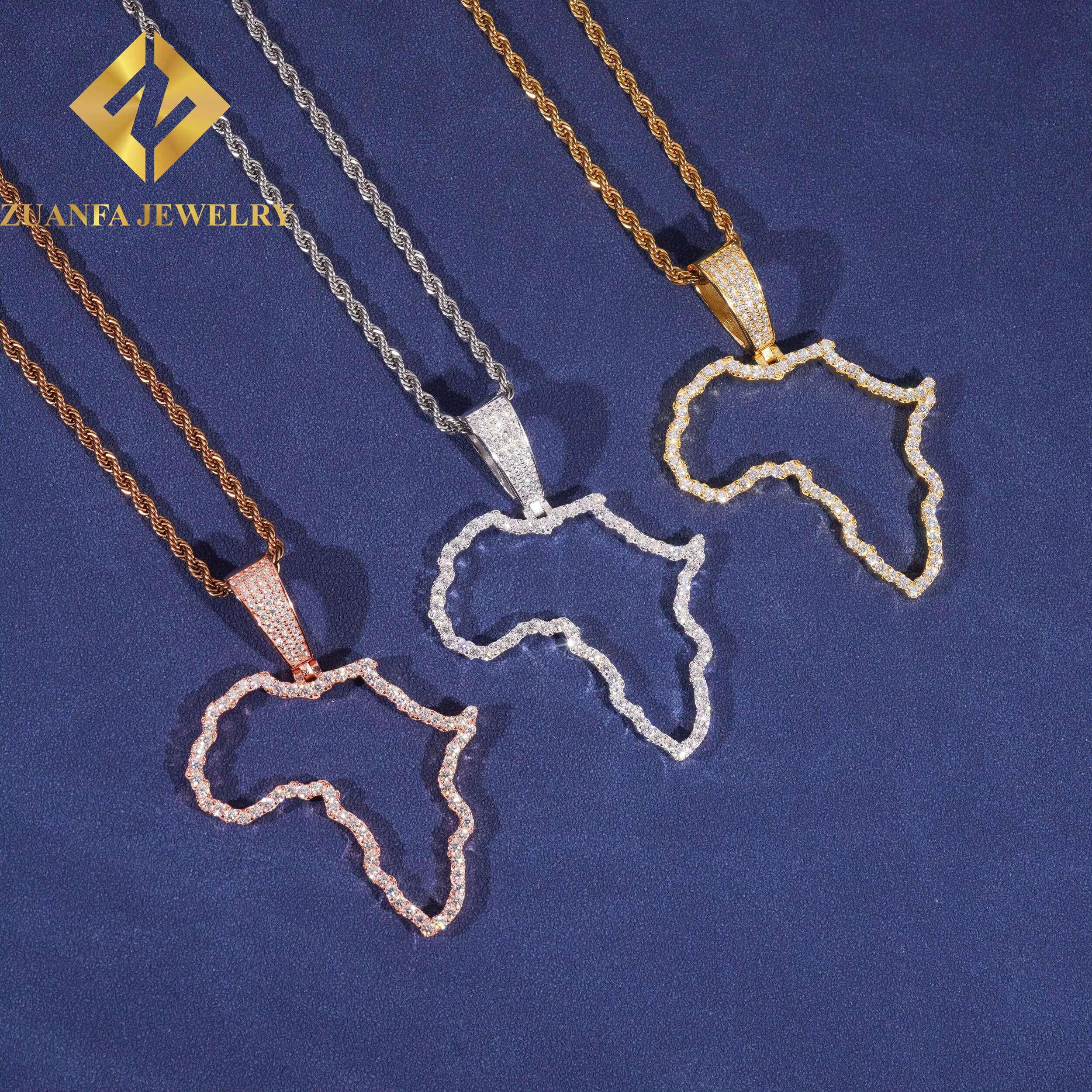 New Trend Fashion Custom Map Pendants 925 Sterling Silver Jewelry Hip Hop Moissanite Diamond Africa Map Pendants Hollow Design