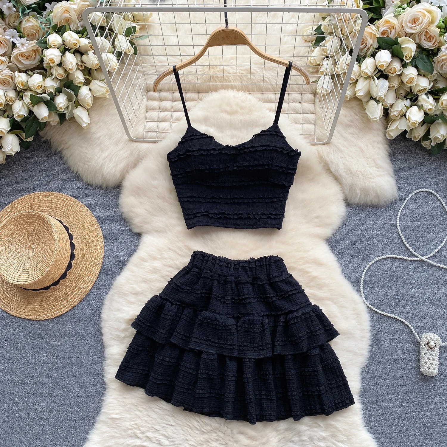 2024 Sweet Ruched Two Pieces Sets V Neck Strap Crop TopsShort Pleated Skirt Women Korean Style Chic Summer Beachwear Suits 250614