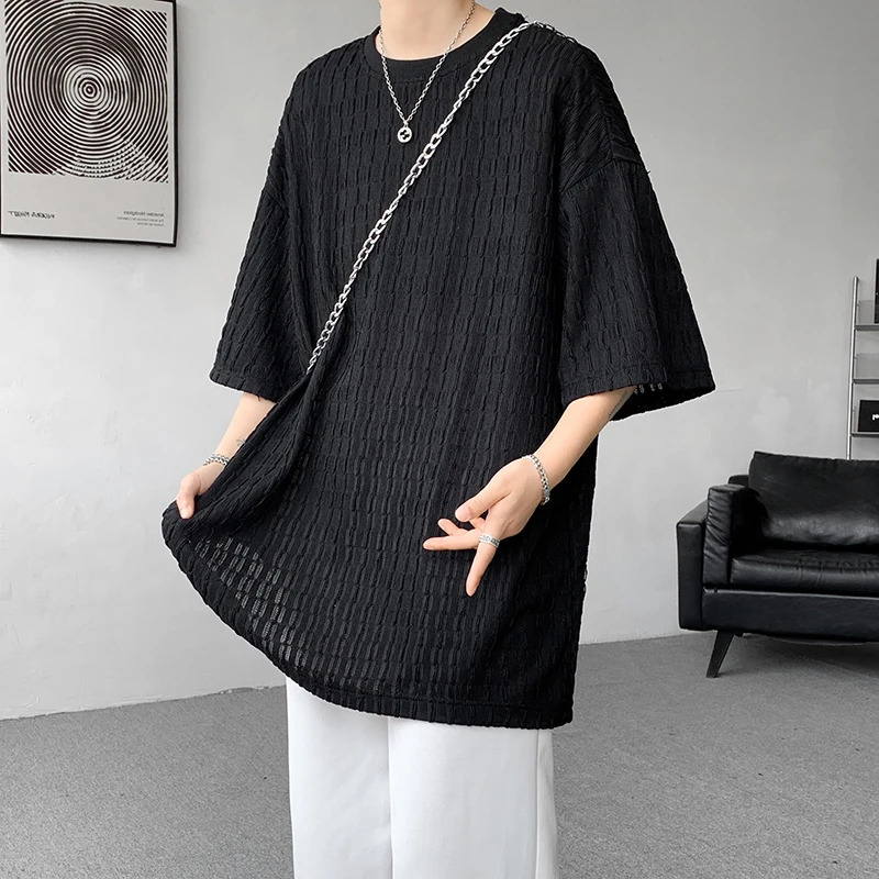 Summer Texture Short Sleeve Men T Shirt Korean Style Loose O Neck Fashion Casual Cool Tshirt Oversized Hollow out Tops White 250617