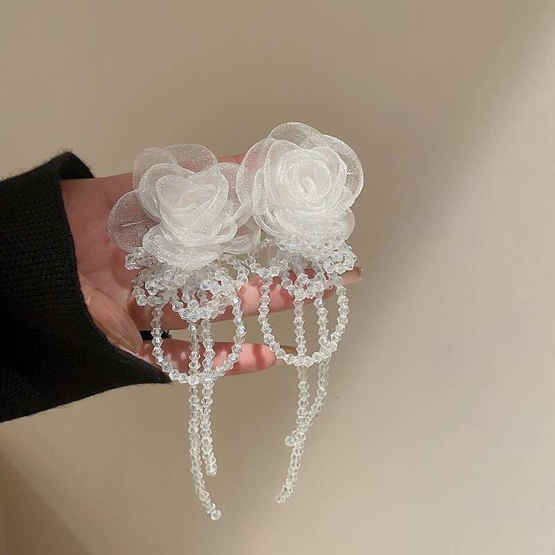 Sier Needle Pearl Mesh Flower Tassel Spring Summer Fresh Sweet Earrings Super Fairy Pure Desire Fashion Ear Jewelry