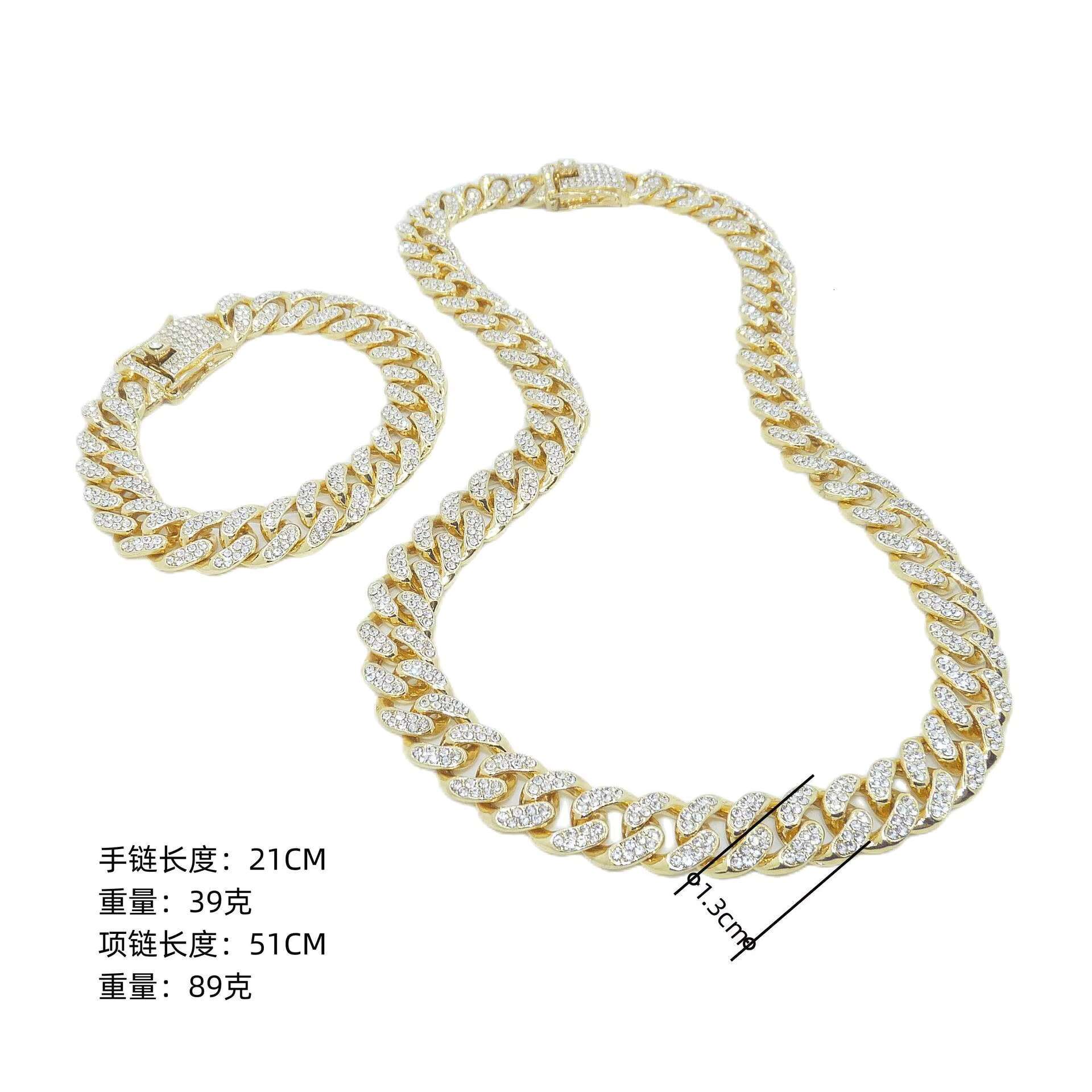 Full Diamond Cuban Chain Necklace Bracelet Gold Plated Hip Hop Style for Men and Women Personalities Fashions Suit