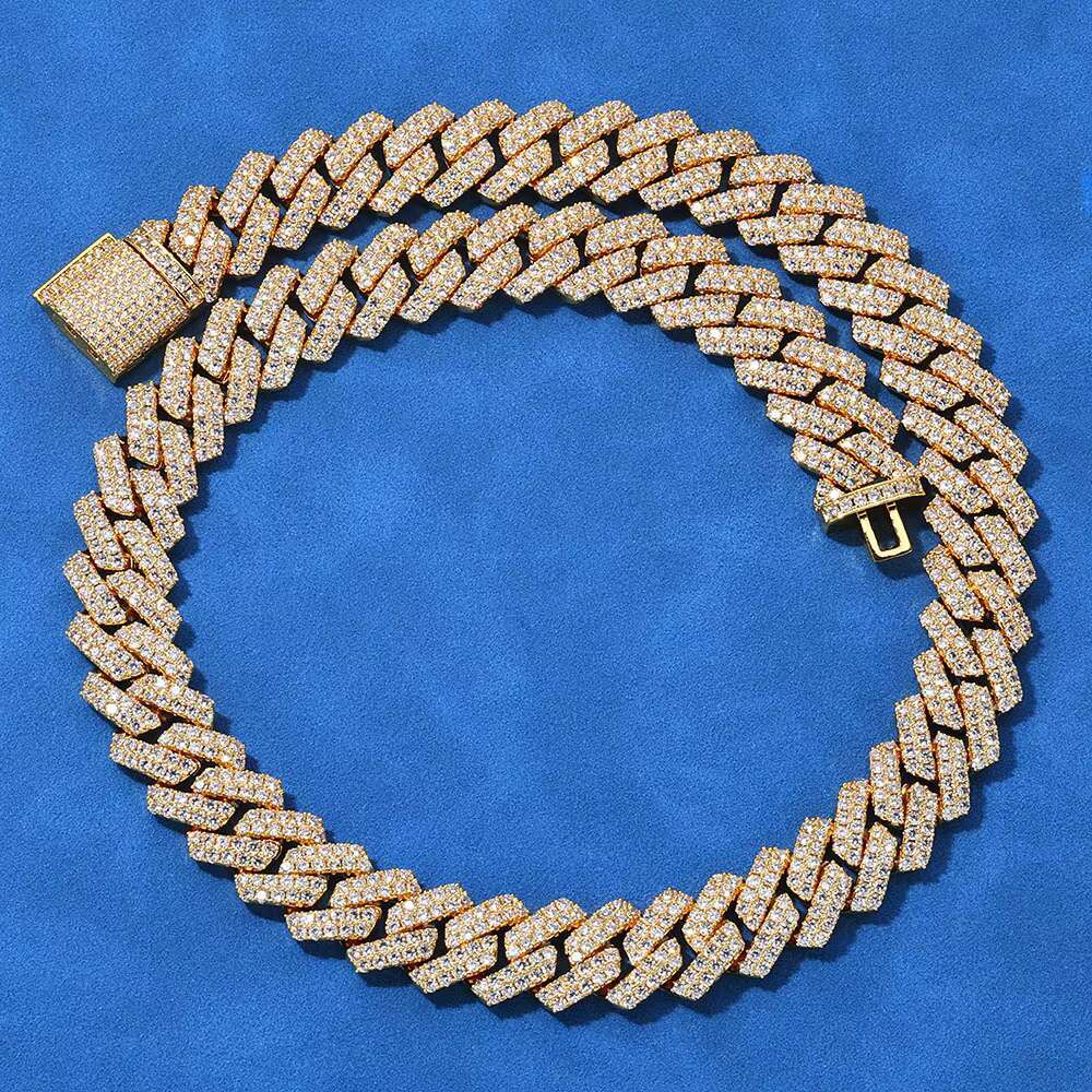 European American Hip-hop 925 Silver Necklace for Men 14mm Mosan Diamond Cuban Chain Gold Plated for Personalities Gift Idea