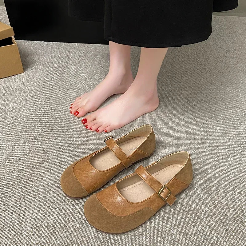 Summer Soft Soled Mary Jane Single Shoes French Milk Camel Round Head Frosted Ballet Women Shoes 250624