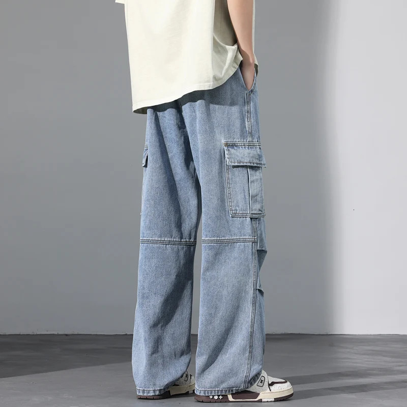 Large Pocket Baggy Jeans Mens 2025 Spring Classic Straight Denim Trousers Street Y2K Elastic Waist Casual Cargo Pants 250624