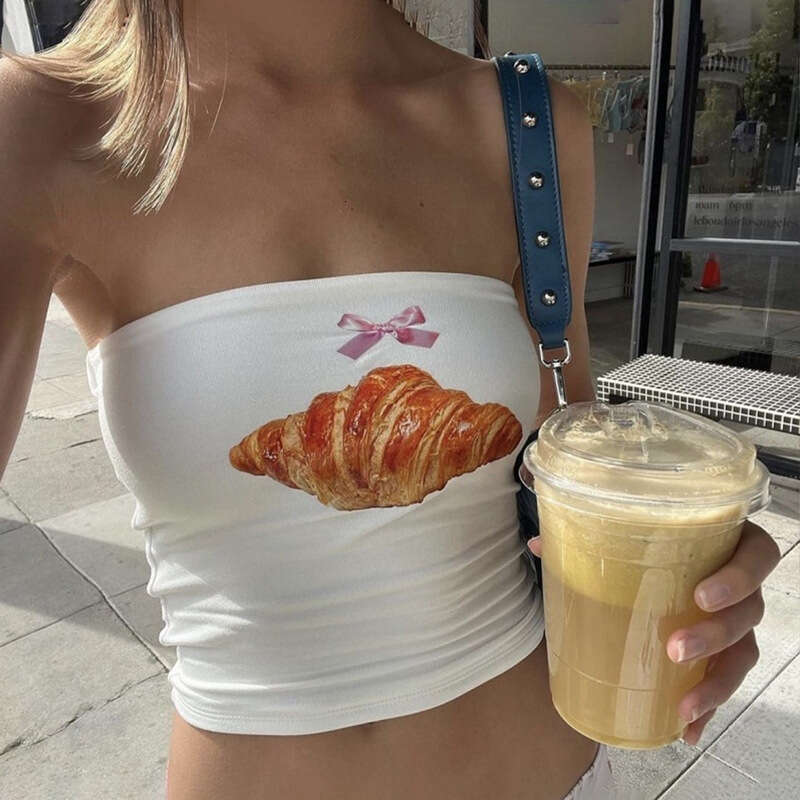 Summer New Short Sleeve Bread Casual Versatile Printed Crop Spicy Girl Outfit Base Shirt Tube Top Small Vest B5