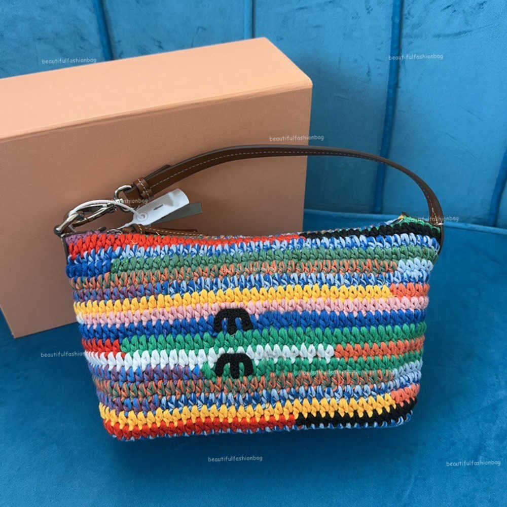 Rainbow Colored Stripes Wool Thread Crochet Tote Summer Beach Bag Weekender Bags Designer Handbag Colored Stripe Wool Thread Crochet Weaving Underarm Shoulder Bag