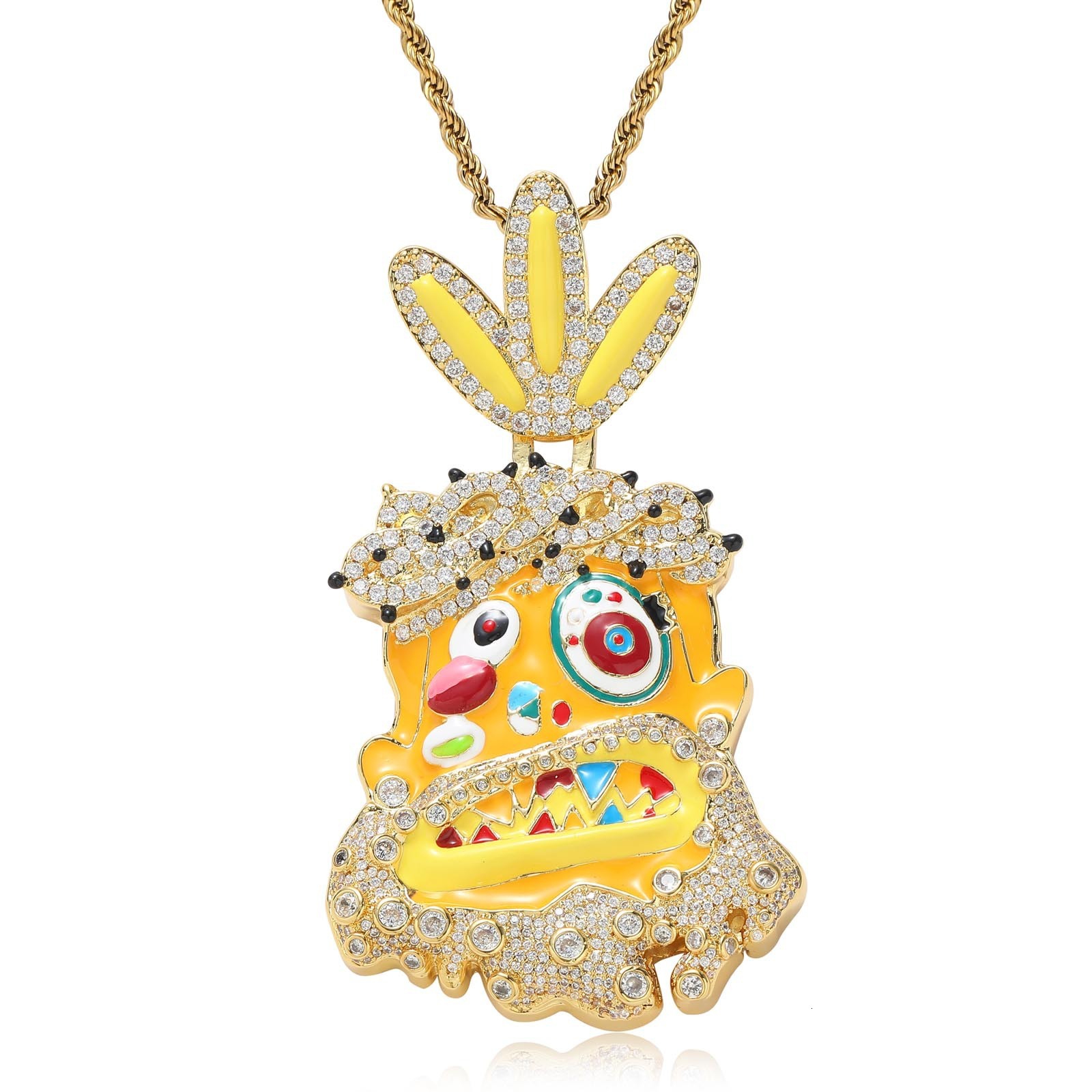 3D Iced Out Bling Cartoon Head Hip Hop Enamel Inlay Trendy Creative Statement Unisex Necklace Pass the diamond tester