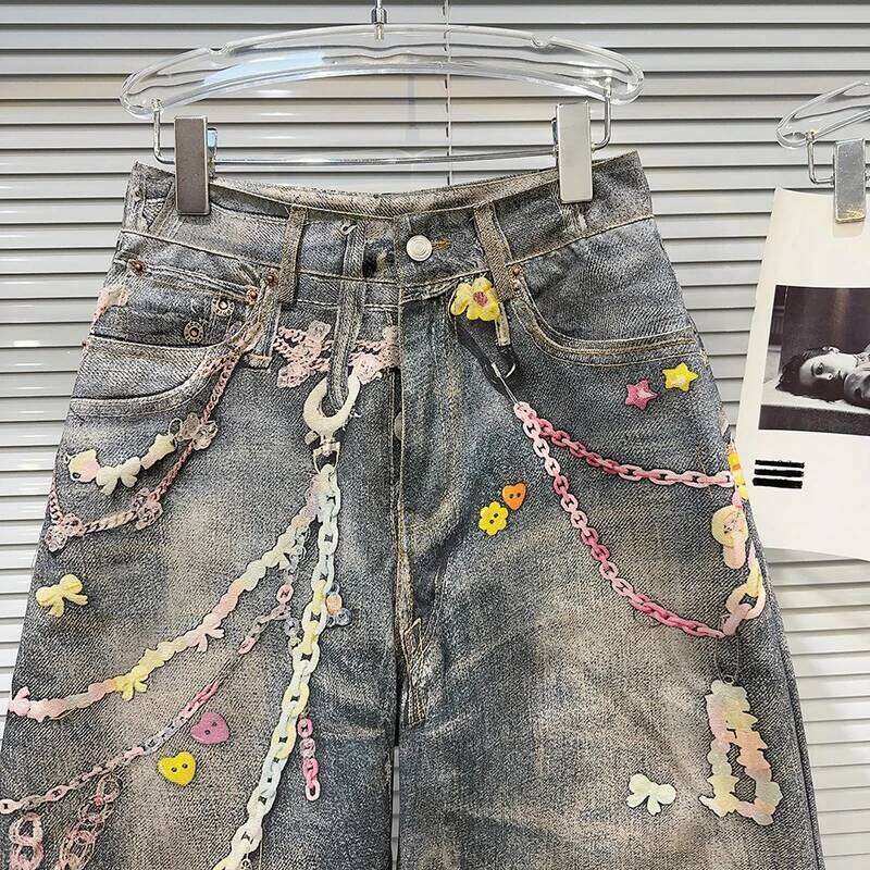 DEAT Fashion Colorful Chain Print Worn Denim Short Pants For Women High Waist Straight Leg Pant Female Trendy New Items 11A04379