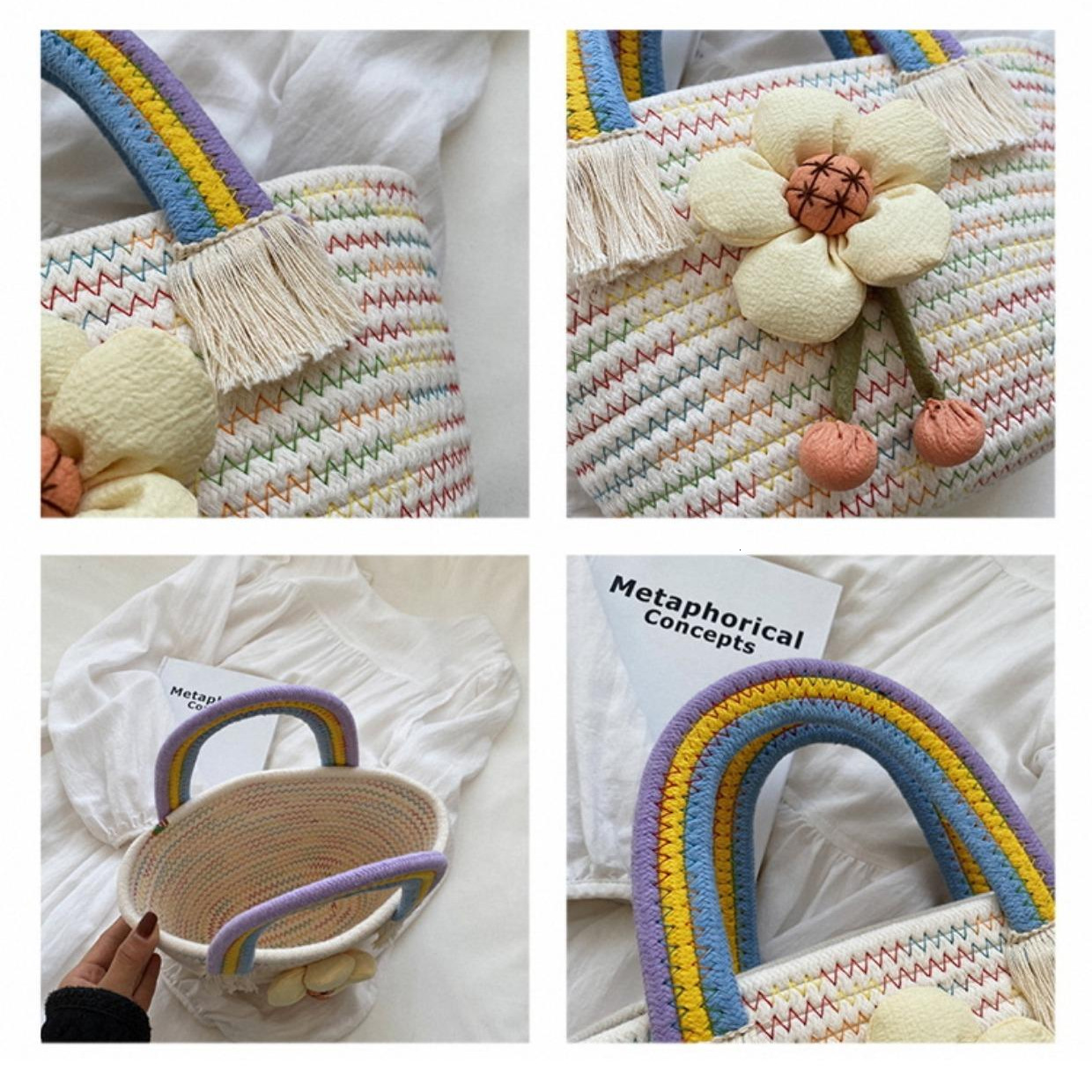 Free Shipping Wedding Birthday Straw Woven Bag Designer Bag New Rainbow Bag Luxury Cotton Rope Party Favor Handbag For Women