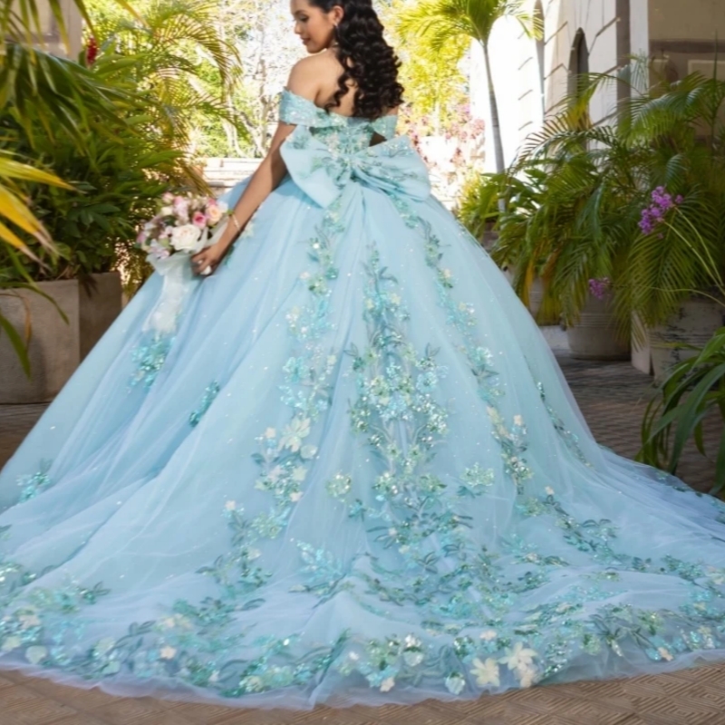 2025 Mint Green Glitter Quinceanera Dresses Ball Gown Sequins Applique Beading Bow Sweet 16 Dress Vestidos De 15 Anos