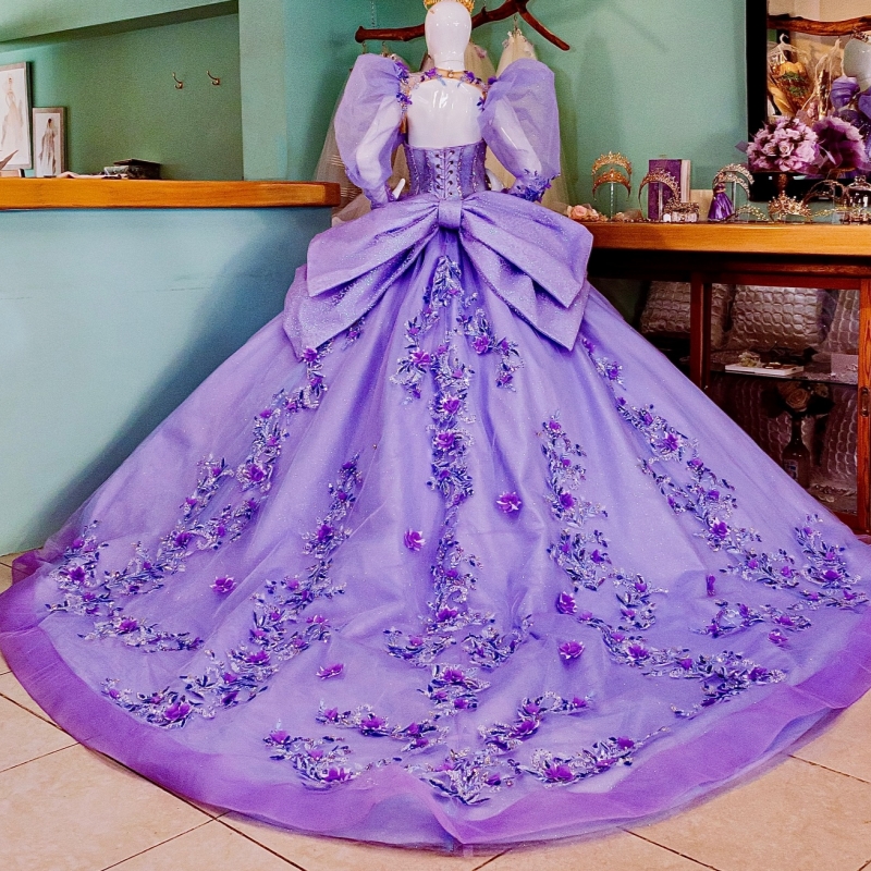 Lavender Quinceanera Dresses Ball Gown Off The Shoulder Applique Flower Beading Crystal Bow Tull Corset Sweet 16 Dress Vestidos 15 Anos