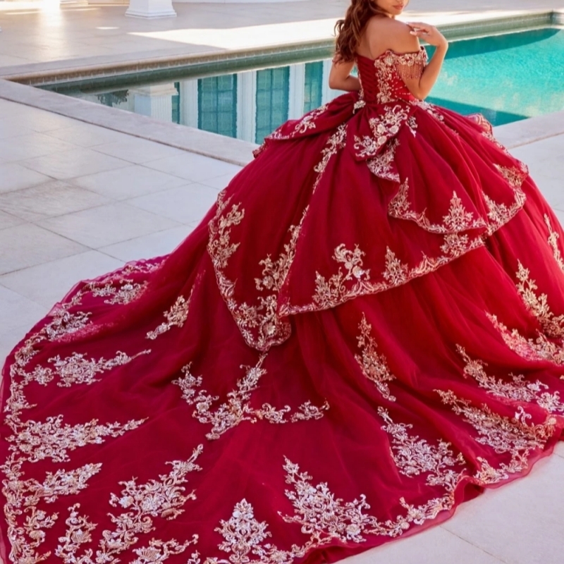 Red Shiny Quinceanera Dresses Ball Gown Gold Lace Applique Beading Crystal Bow Tull Corset Sweet 16 Dress Vestido De 15 Anos