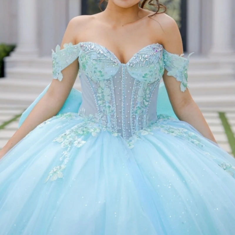 Sparkly 2025 Mint Green Quinceanera Dress Ball Gown Floral Applique Beading Crystal Tull Bow Sweet 16 Dress Vestidos De 15 Anos