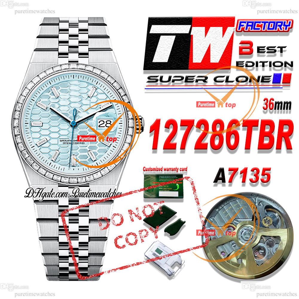 Land Dweller 36 127286TBR A7135 Automatic Mens Womens Unisex Watch TWF Diamond Bezel Blue Honeycomb Motif Dial 904L Steel Jubilee Bracelet Puretimewatches Ladies