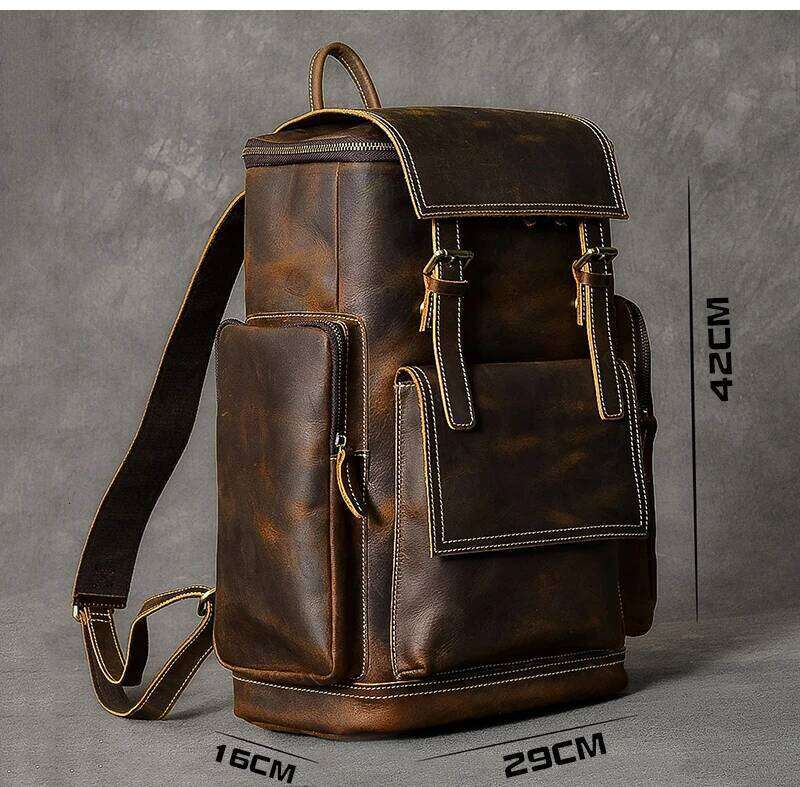 Vintage Crazy Horse Genuine Men Leather Bagpack Climbing Rucksack male Large Hiking Backpack M814