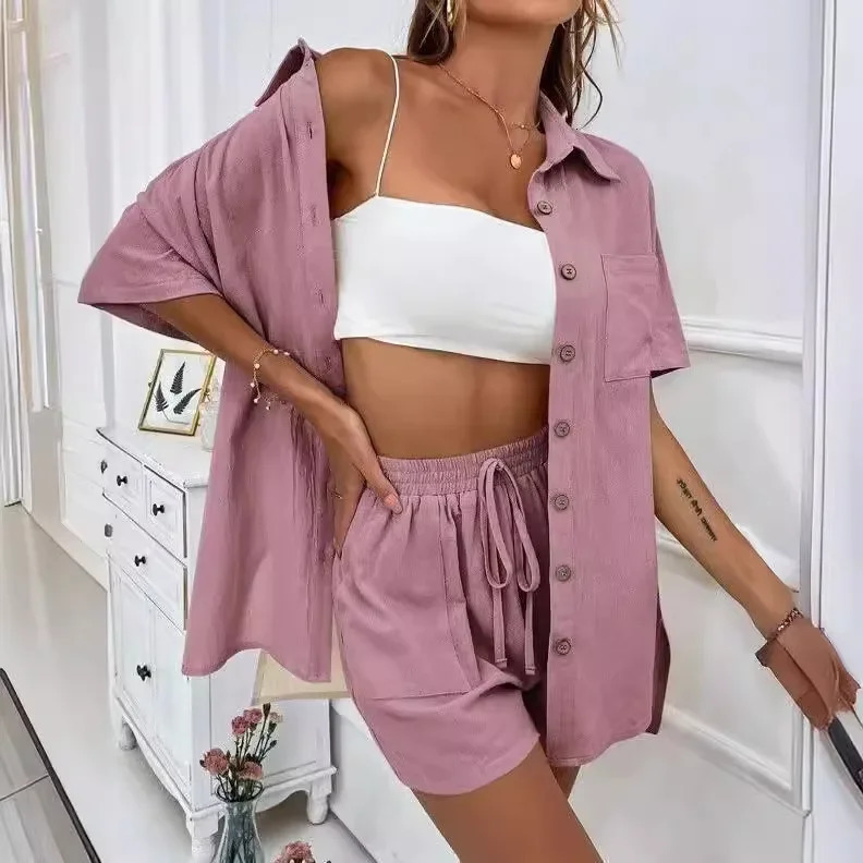 2024 Fashionable Casual Shorts TwoPiece Suit Loose Fit SingleBreasted Shirt Solid Colors Versatile Womens Wardrobe 250614
