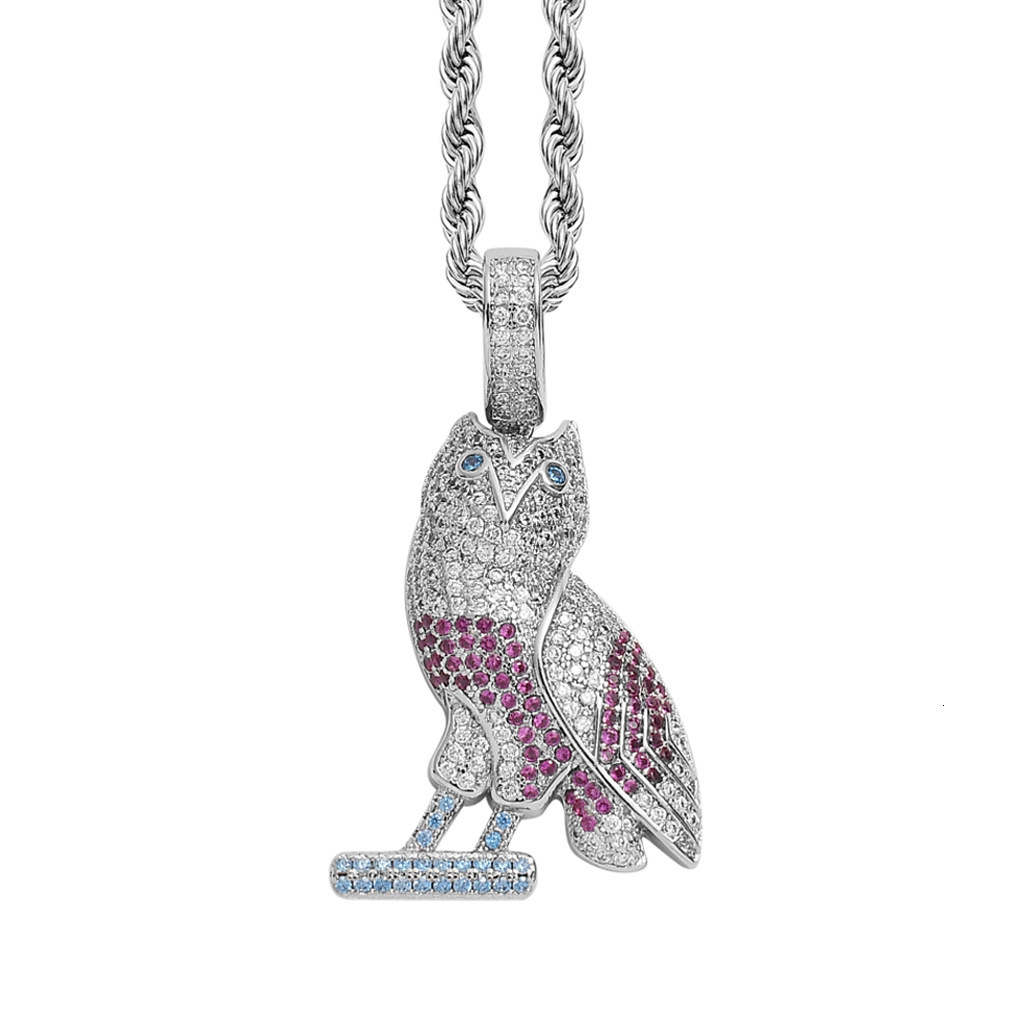 Luxury Moissanite Owl Pendant Creative Animal Diamond Studded Colorful Hip Hop Necklace Pass the diamond tester