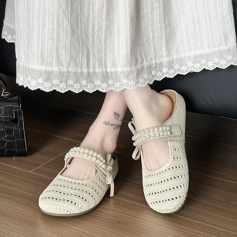 Womens Spring Summer Hollow out Woven Flat Sandals Mary Janes SlipOn Casual Shoes round Toe Low Heel Footwear 250624