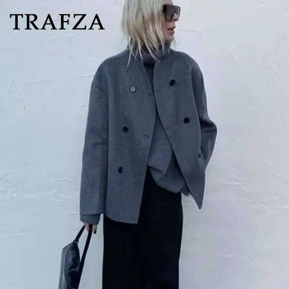 TRAFZA Fashion 2025 Spring Winter Women Casual Solid Woolen Coat Office Lady Loose Double Breasted Turtleneck Demi-season Jacket