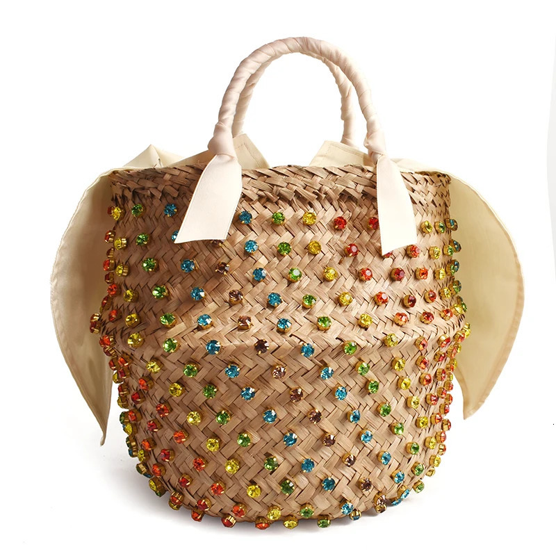 VIP Buy Summer Holiday Beach Bag with Pearl Ladies Woven Bucket Diamond ner Handbags 250624