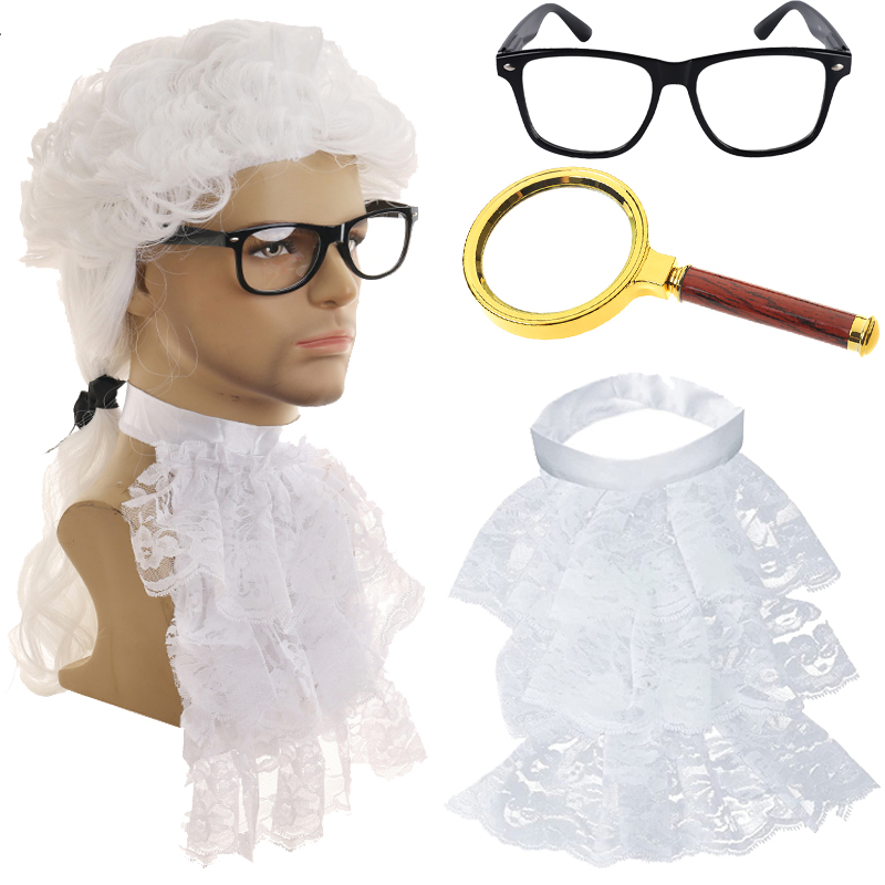Judge Lawyer Long White Judge Curly Hair and Gray Marble Head Wig Synthetic Role Play Wig Women's Costume Wigs Judge Gavel Hammer Eyeglasses Acce