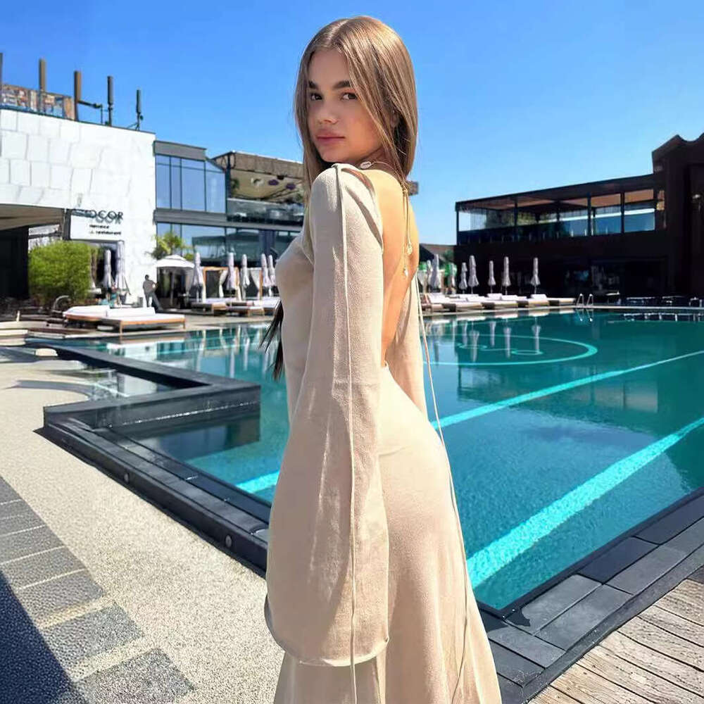 French Style Sexy Backless Tie Knitted Thin Autumn Winter Vacation Long Dress B5