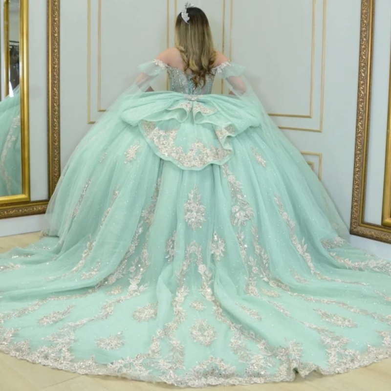 Glitter Mint Green Quinceanera Dresses Ball Gown Sequin Lace Applique Beading Crystal Bow Tull Sweet 16 Dress Vestidos De 15 Anos
