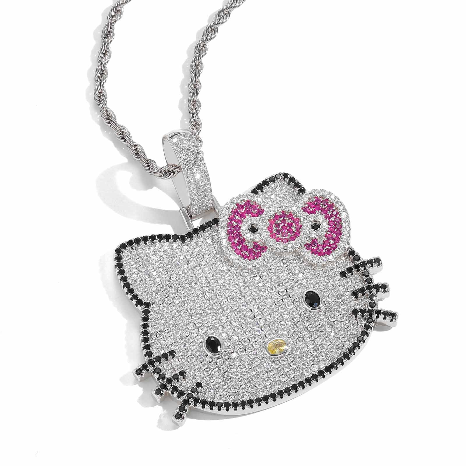 New Moissanite Hip Hop Solid Kitty Pendant Necklace with Pink Diamonds Cute Animal Theme for Men and Women Pass the diamond tester